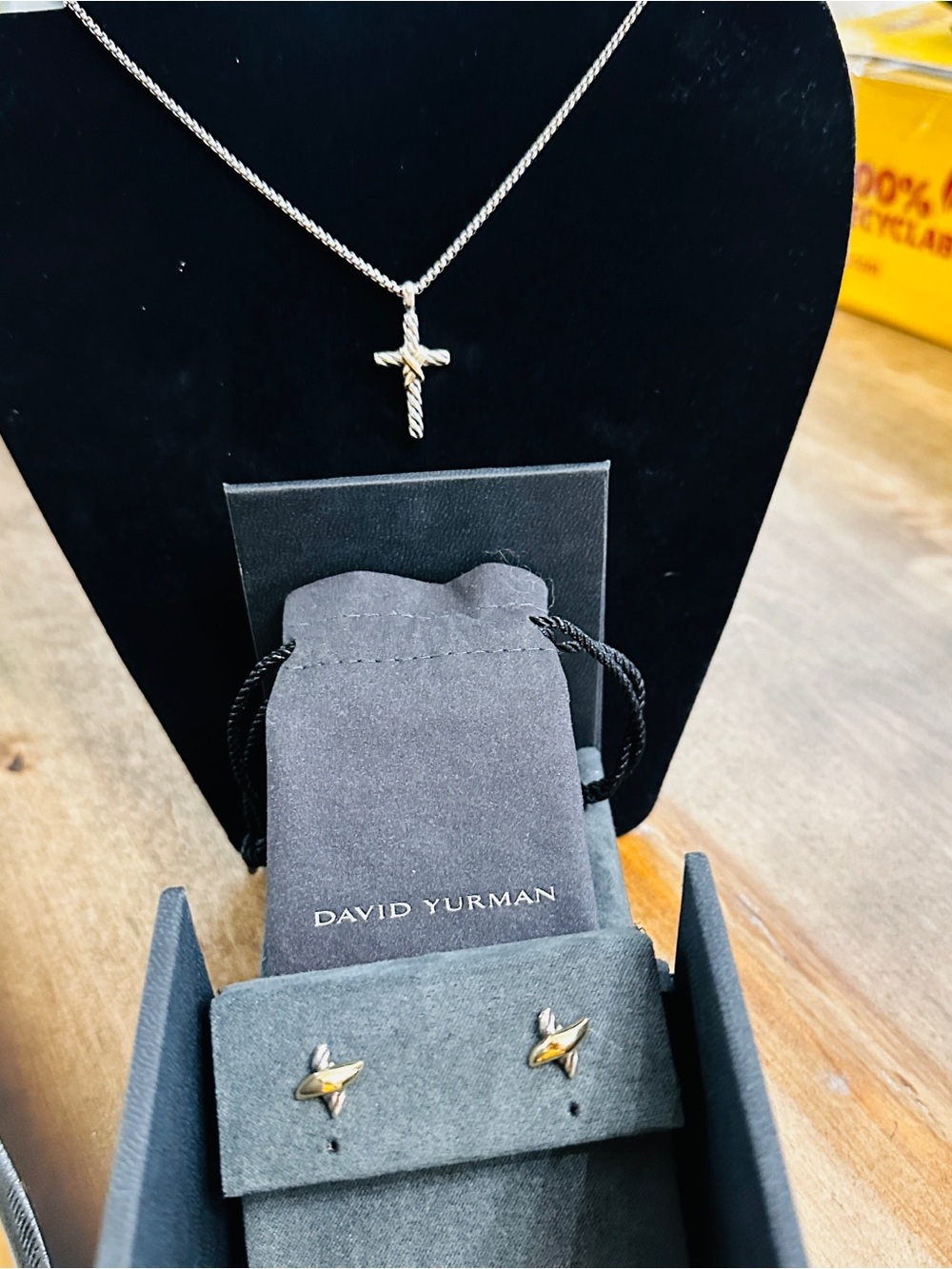 David Yurman Cross Pendant Necklace with Star Stud Earrings — Silver & Gold Set